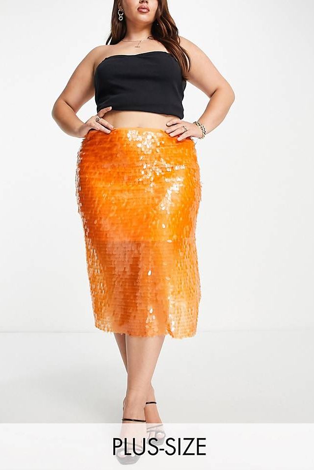 Something New Curve x Emilia Silberg exclusive sequin midi skirt in orange