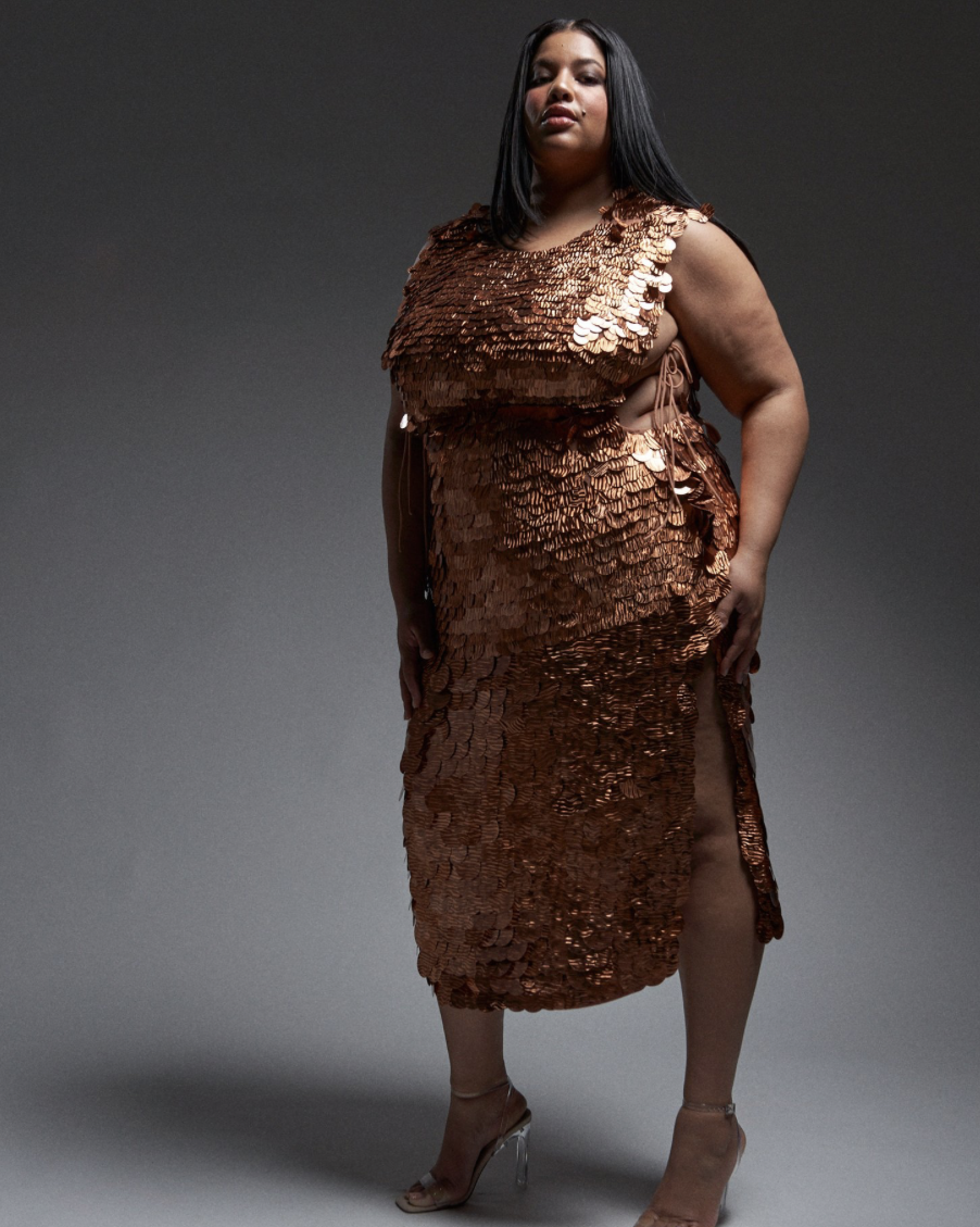 NOVA CURVE Dress In Copper Disc Sequins