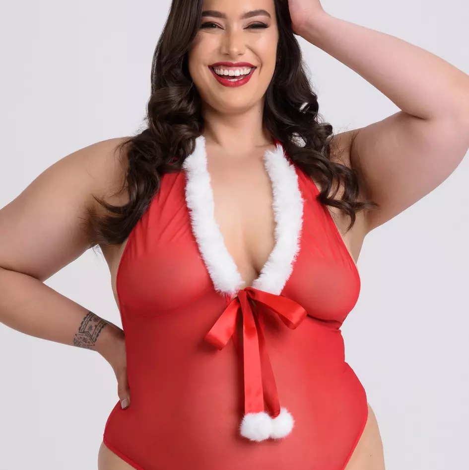 Fantasy Plus Size Christmas Pom-Pom Red Sheer Body