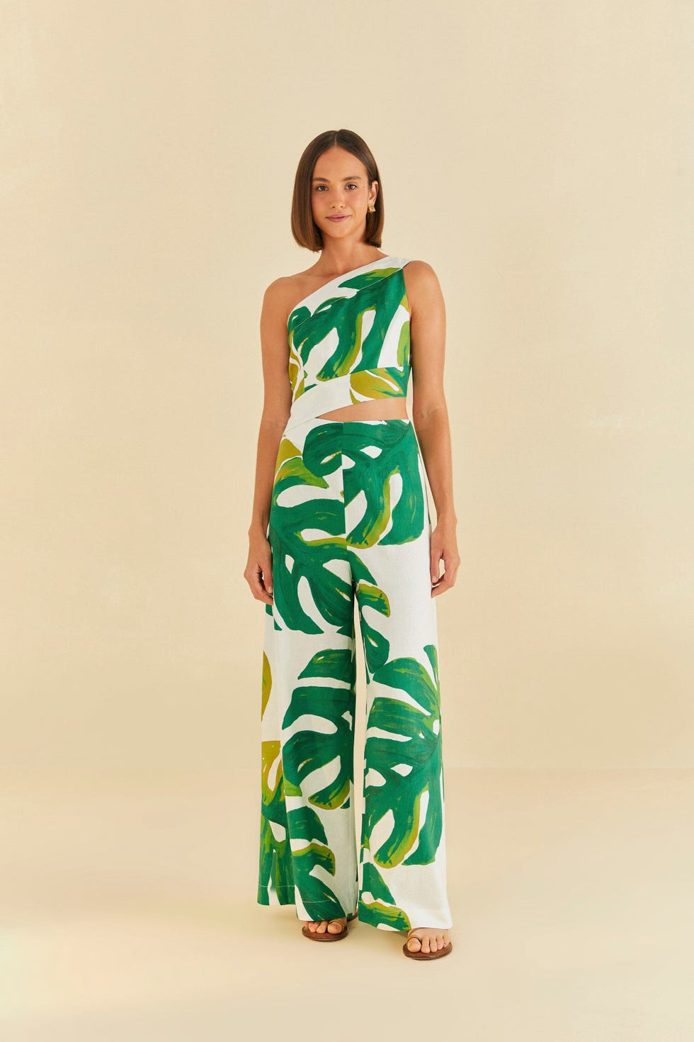 White Monstera One Shoulder Jumpsuit