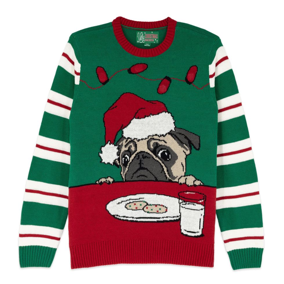 The Unappealing Sweater Co. Gentle Up Unattractive Christmas Sweater with LEDs - Cosy Suit, Movement Activated Light Up Unattractive Sweater Patterns. (Emerald - Pug Cookies LED, Smaller)