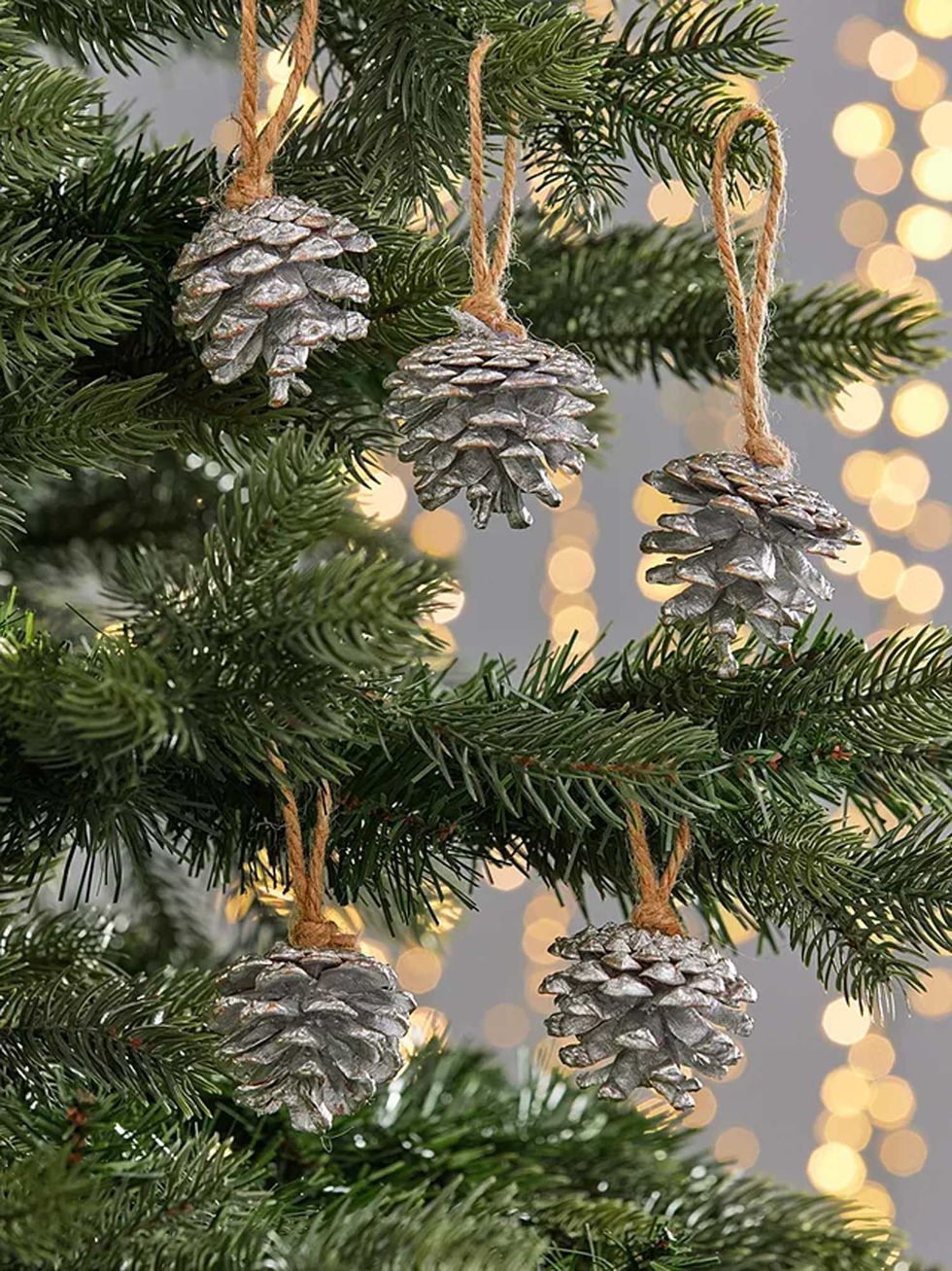 Polar Planet Pine Cone Tree Decorations, Box of 12, Silver