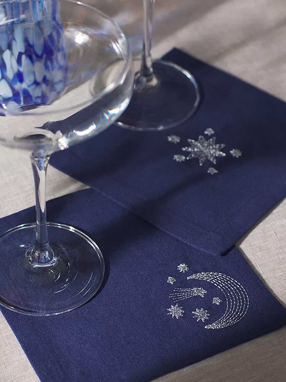 Moon & Stars Embroidered Cotton Cocktail Napkin, Set of 4, Blue