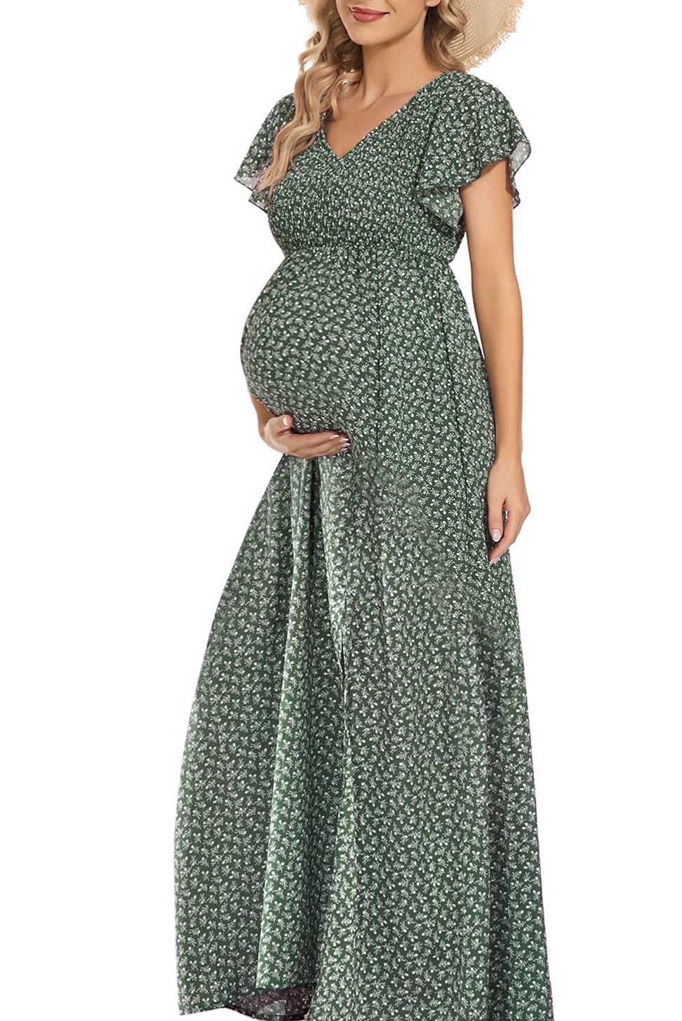 Swiss Dot Maternity Dress, V Neck Ruffle Sleeve Maternity Dresses for  Photoshoot Baby Shower, Smocked Tiered Pregnancy Dress