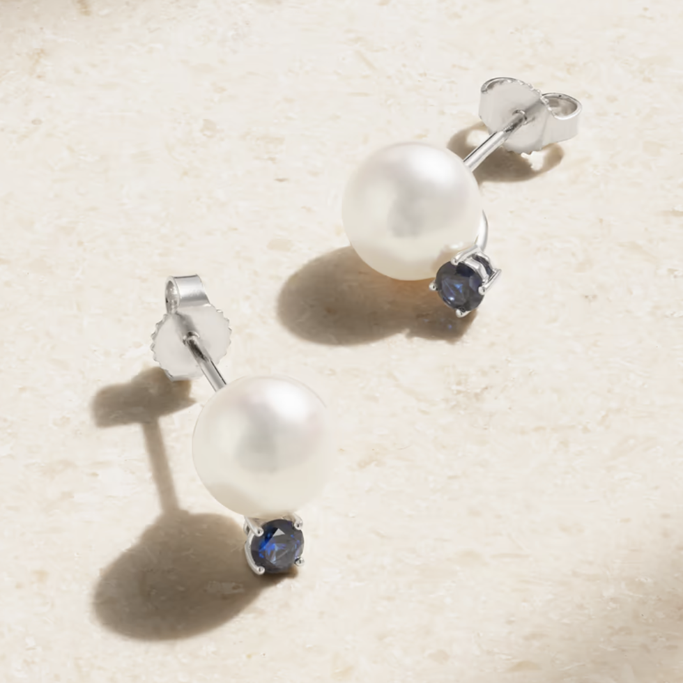 18-Karat White Gold, Pearl, and Sapphire Earrings
