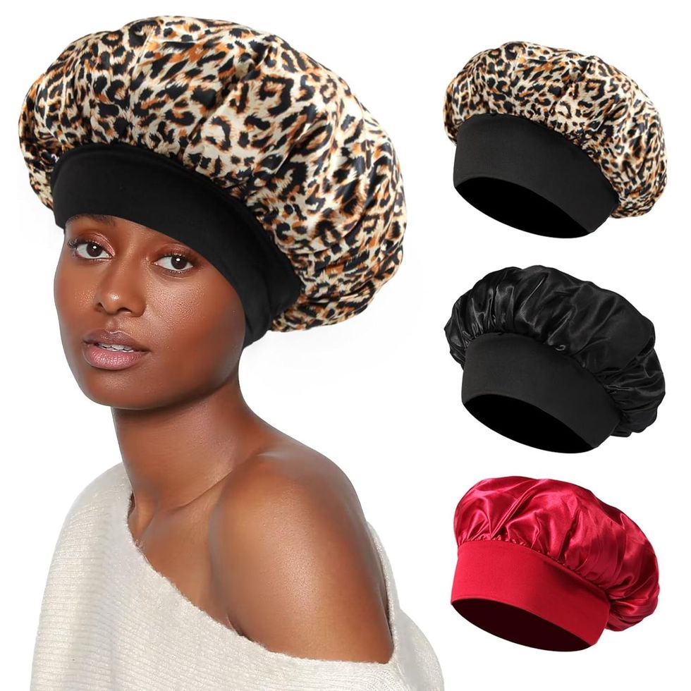 3 Pack Satin Bonnet, Night Sleep Caps with Wide Elastic Band, Silk Wrap,  Soft Head Cover Sleeping Hat for Women Girls Hair