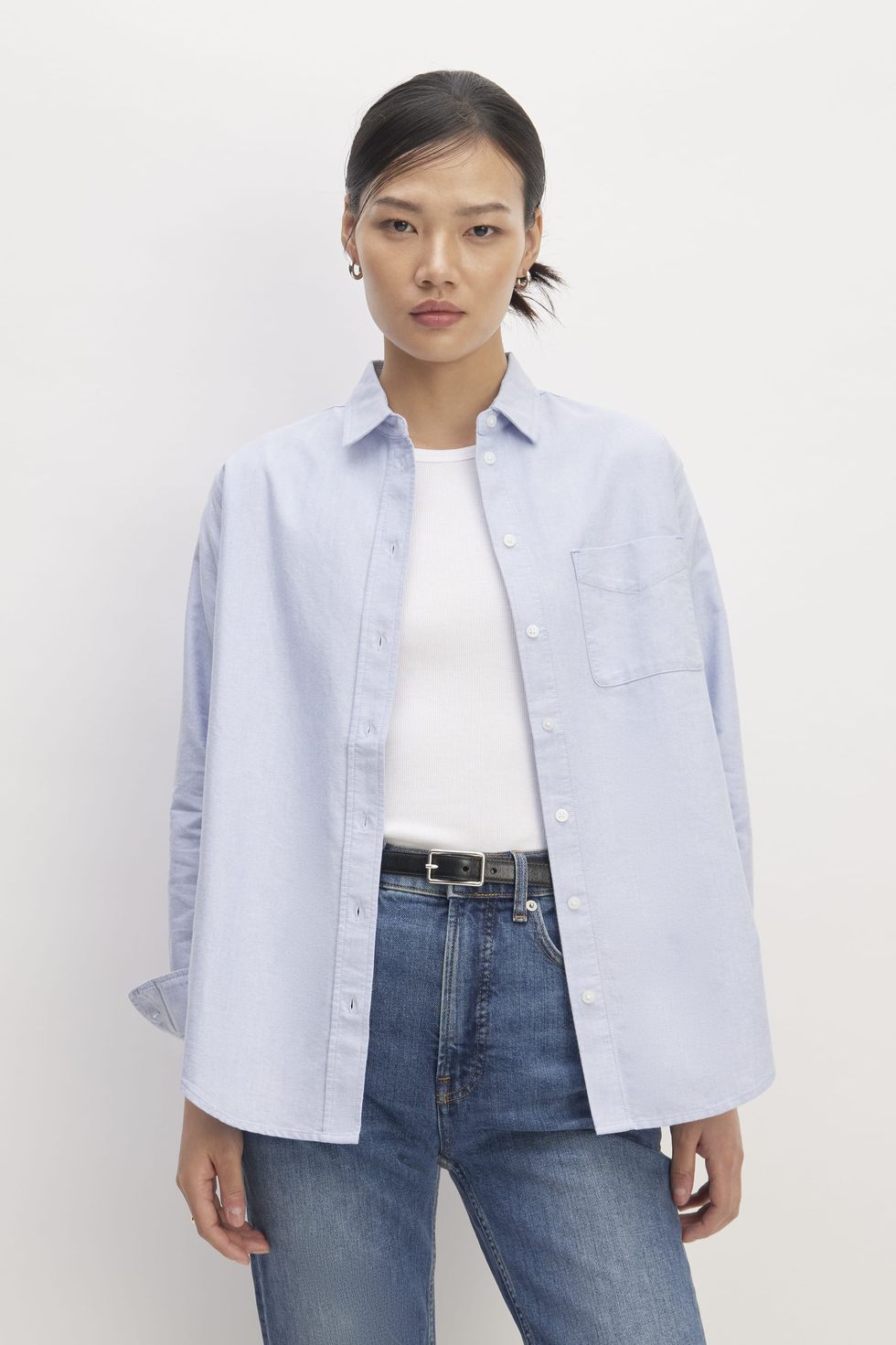boxy cropped button down shirt, button up crop top, paired with your  favorite denim, modern basics