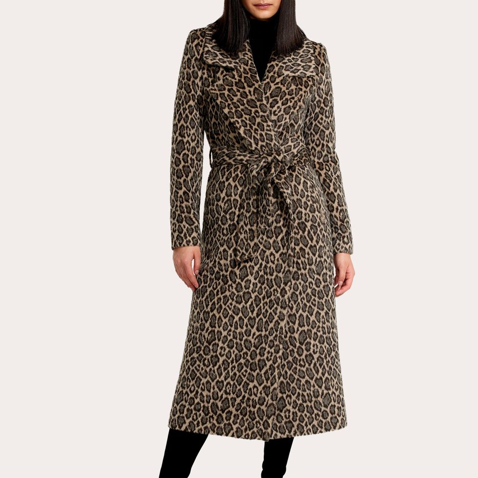 Leopard Alpaca Notch-Collar Long Wrap Coat