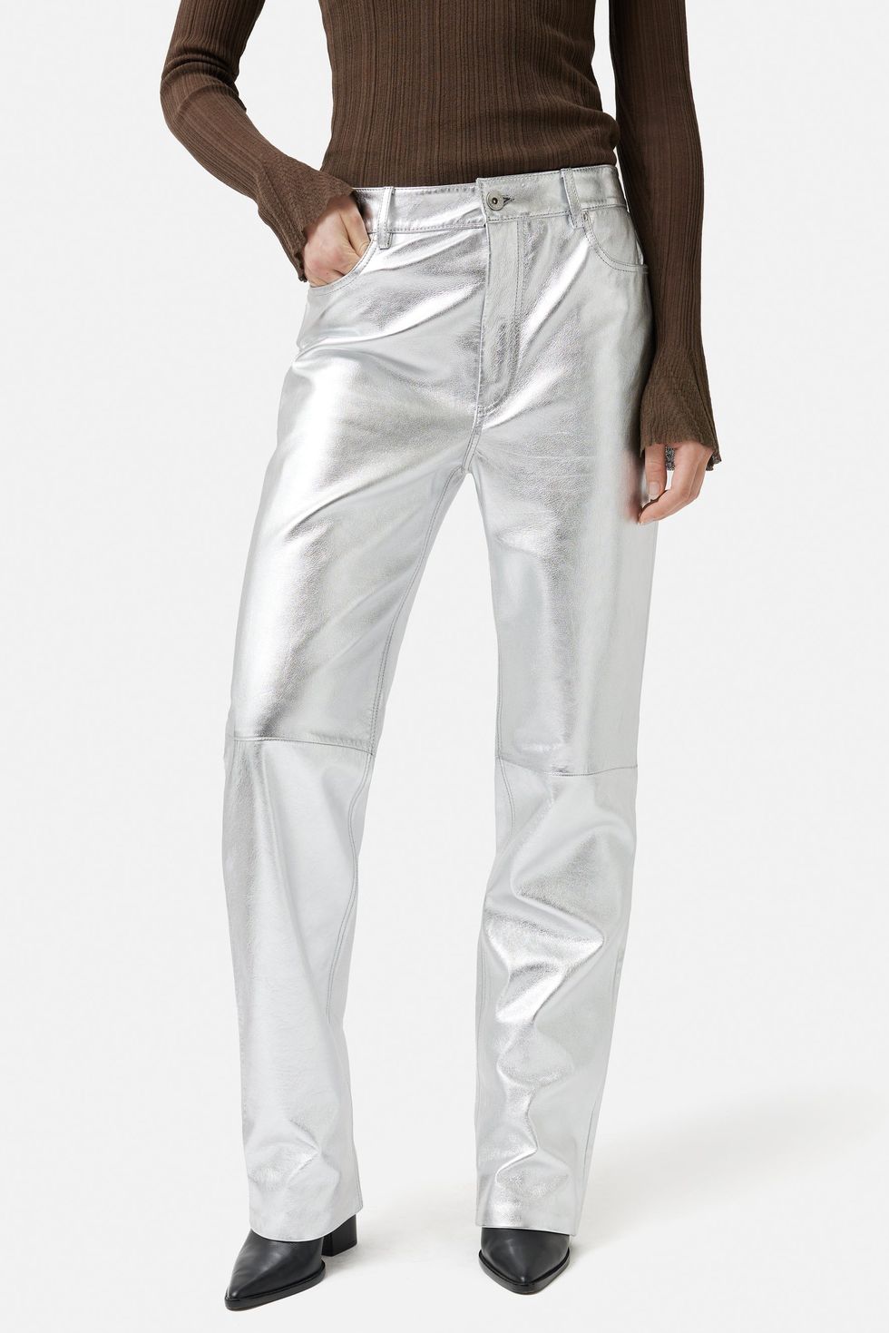 Things you never knew you wanted: a pair of shiny, silver trousers
