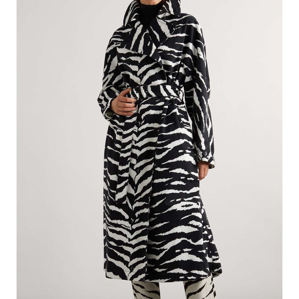 Archetypes Belted Leather-Trimmed Zebra-Print Denim Trench Coat