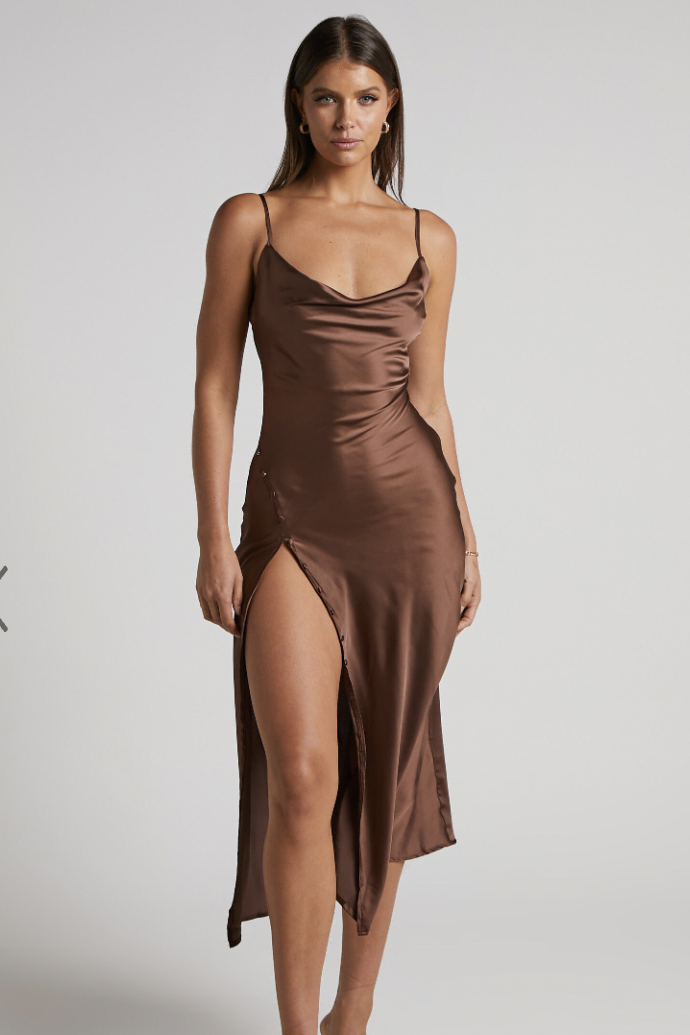 Flordeliza Midi Dress - Cowl Neck Thigh Split Slip Dress