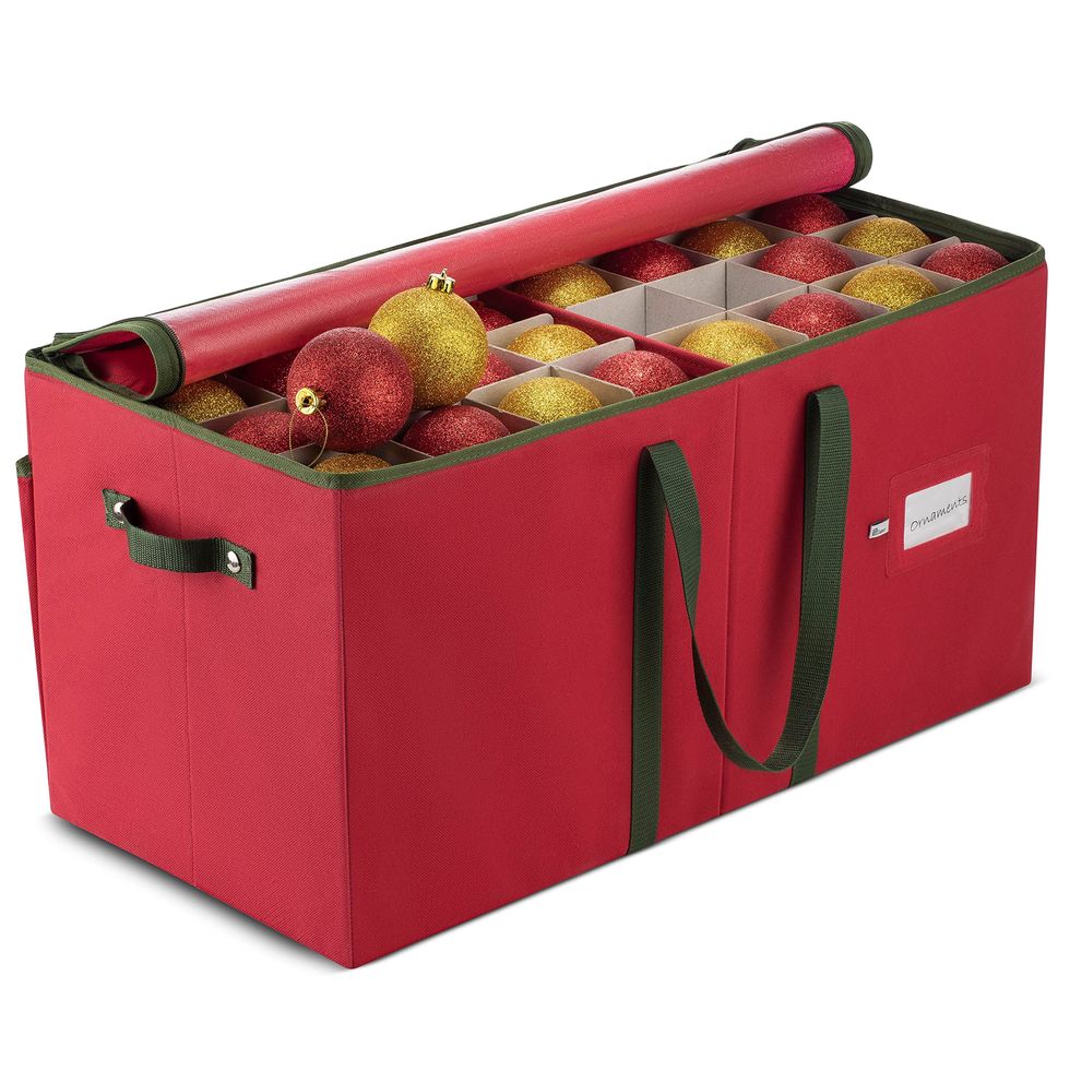 Large Christmas Bauble Storage Box With Dividers - 128-Compartment Xmas Ornament Storage Container with Zippered Closure