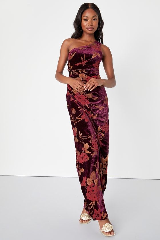 Unreal Awe Burgundy Floral Burnout Velvet One-Shoulder Dress
