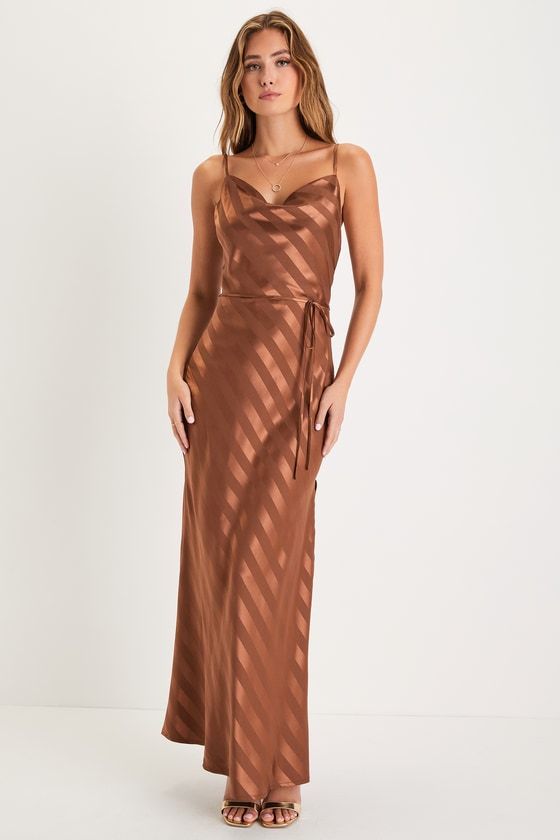Sleek Sophisticate Bronze Satin Striped Backless Cowl Maxi Dress