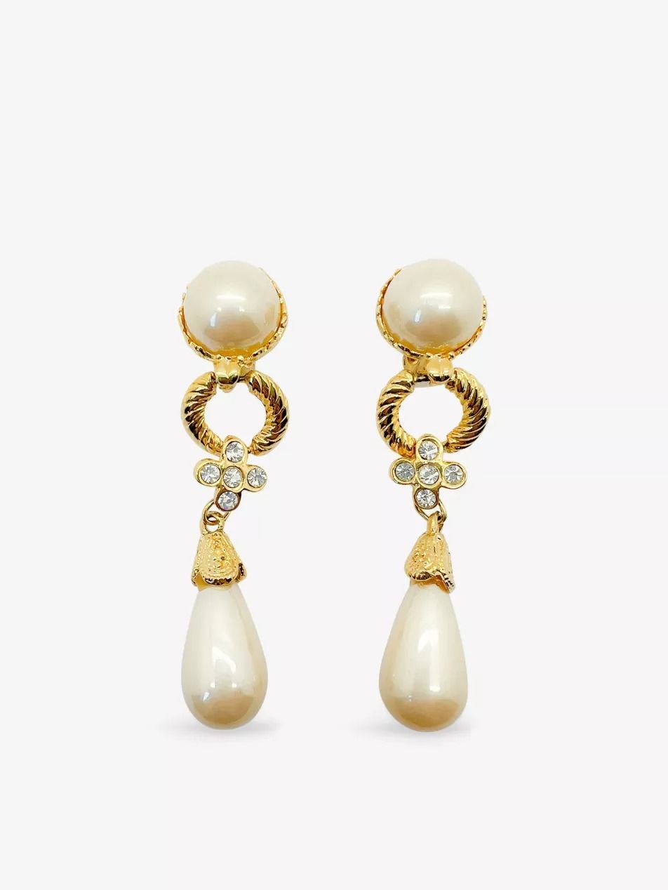 Pre-loved gold-toned metal and faux-pearl earrings