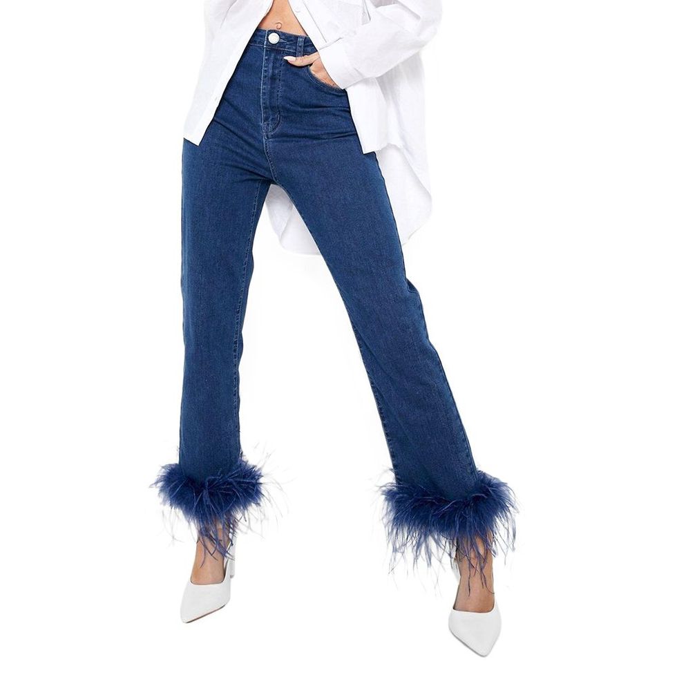 Feather Trim High Waisted Jeans