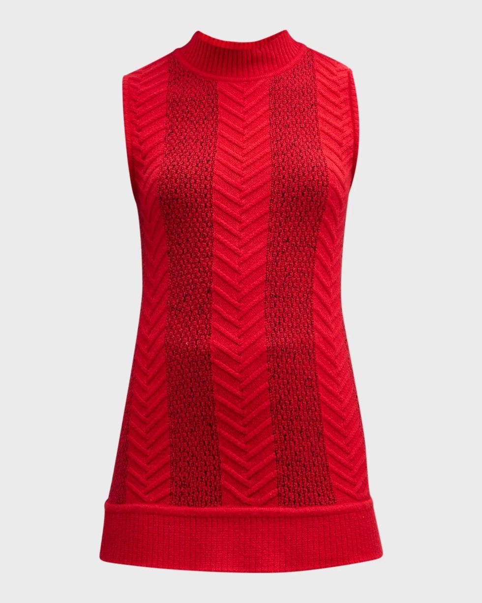 Textural Stripe Mock-Neck Cable-Knit Tank Top