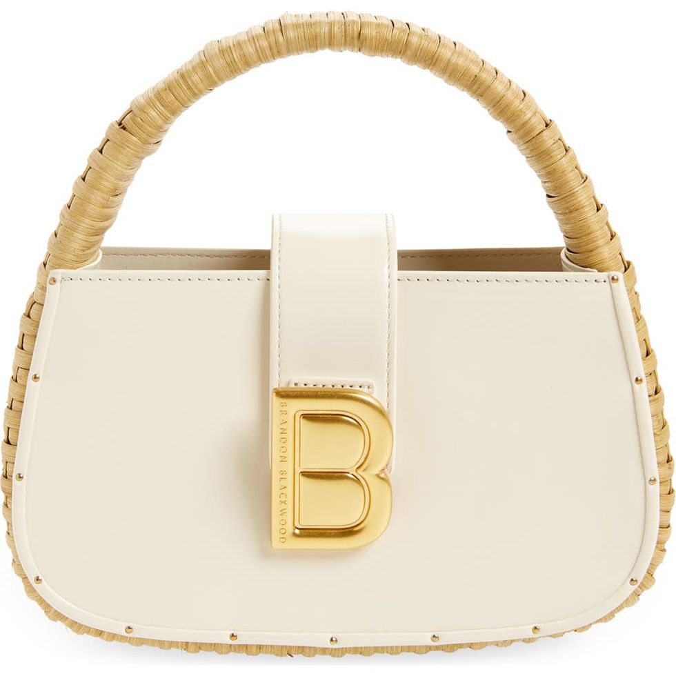 Elyse Leather & Rattan Top Handle Bag in White 