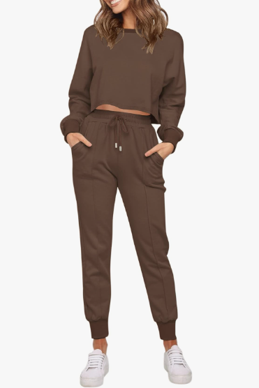  Womens 2 Piece Outfits Mock Neck Pullover Top Wide Leg  Sweatpants Sport Lounge Jogger Suits Brown X-Large