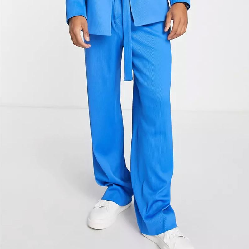 Wide Leg Suit Pants in Electric Blue Plisse