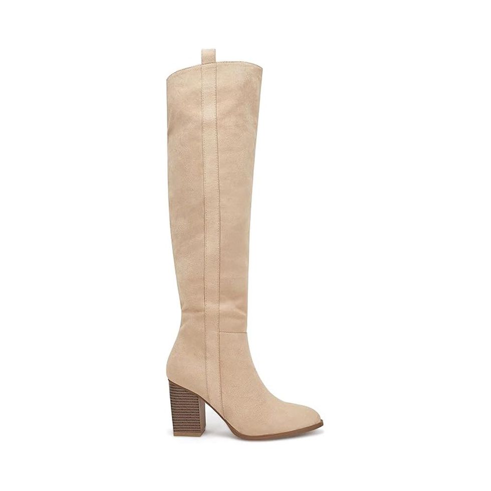 Faux Suede Side Zipper Pointed Toe Block Heel Stretch Over The Knee Thigh High Boots