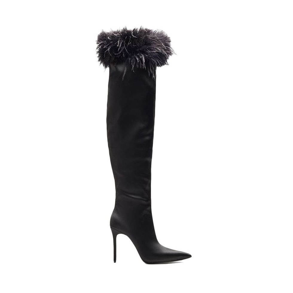 Black Satin Pointed Heeled Boots With Feather Trims