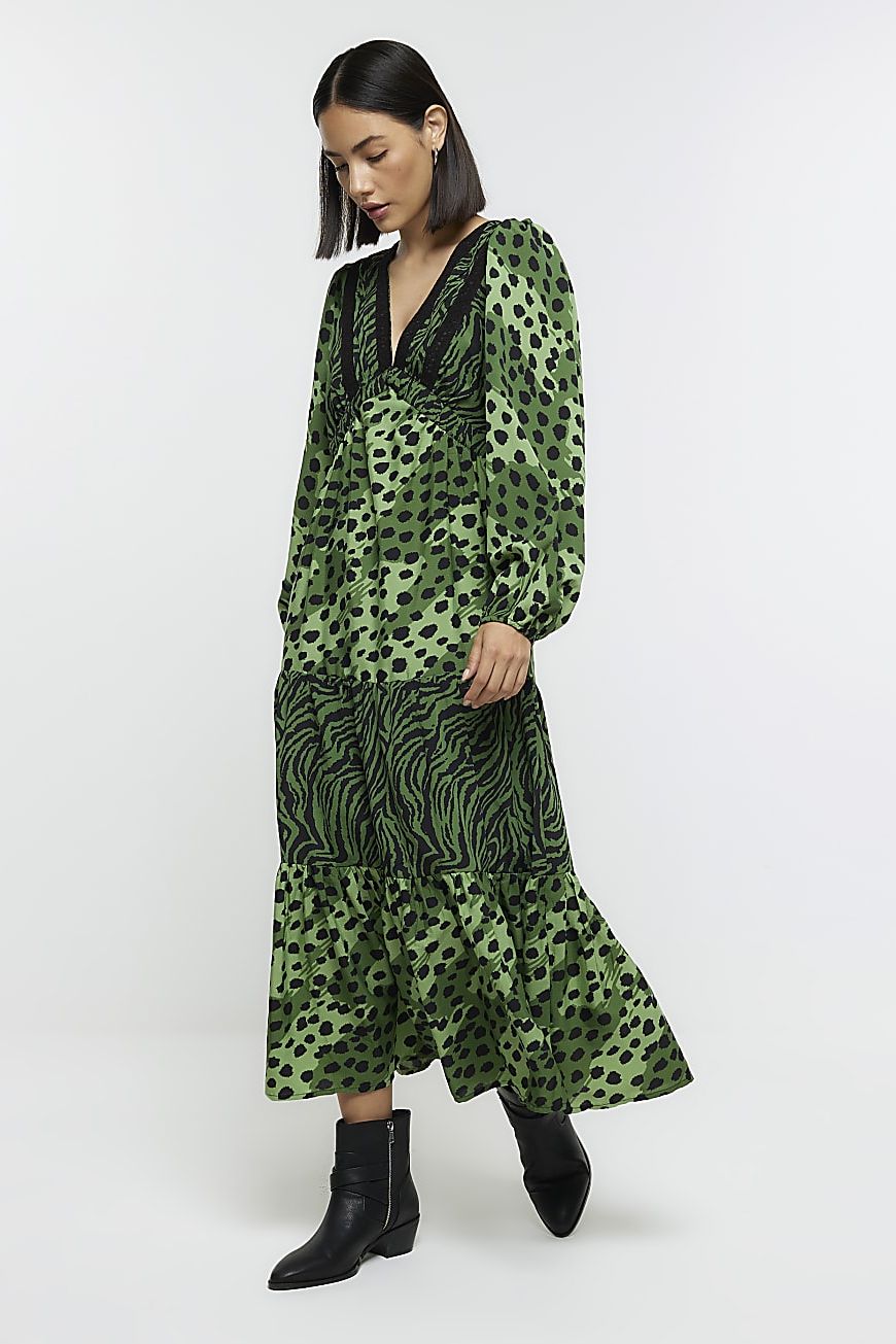 Green Animal Print Swing Midi Dress
