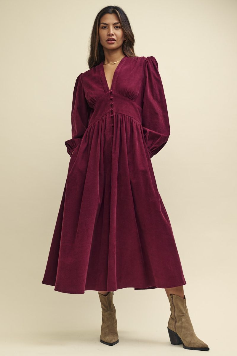 Burgundy Cord Long Sleeve Starlight Midaxi Dress, £55