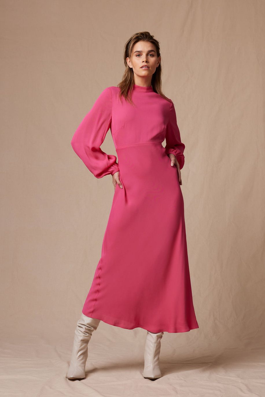 Pink Rose Floral 3/4 Length Sleeve Belted Midi Shirt Dress