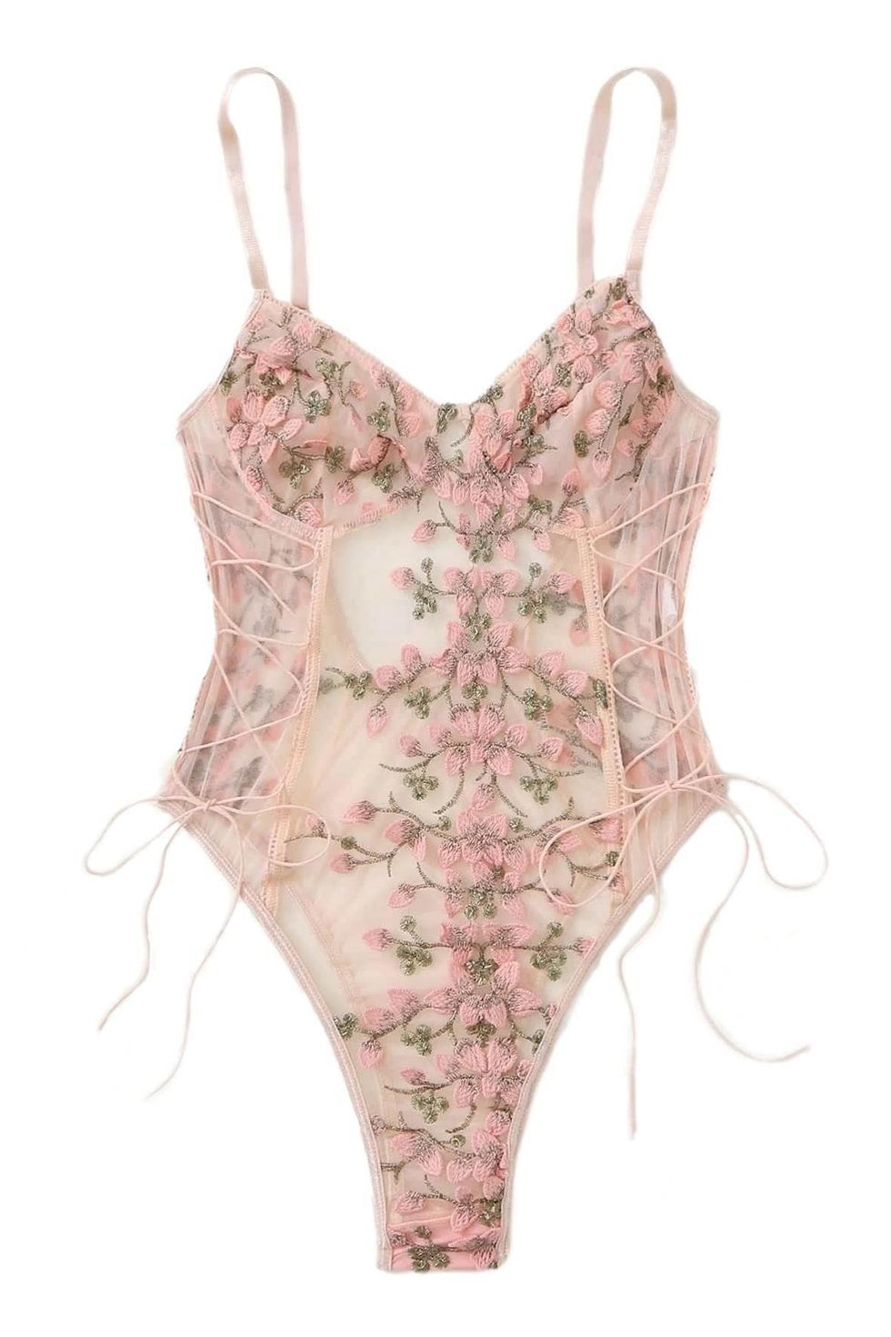 Lilosy Lace Up Floral Embroidered Lingerie Bodysuit