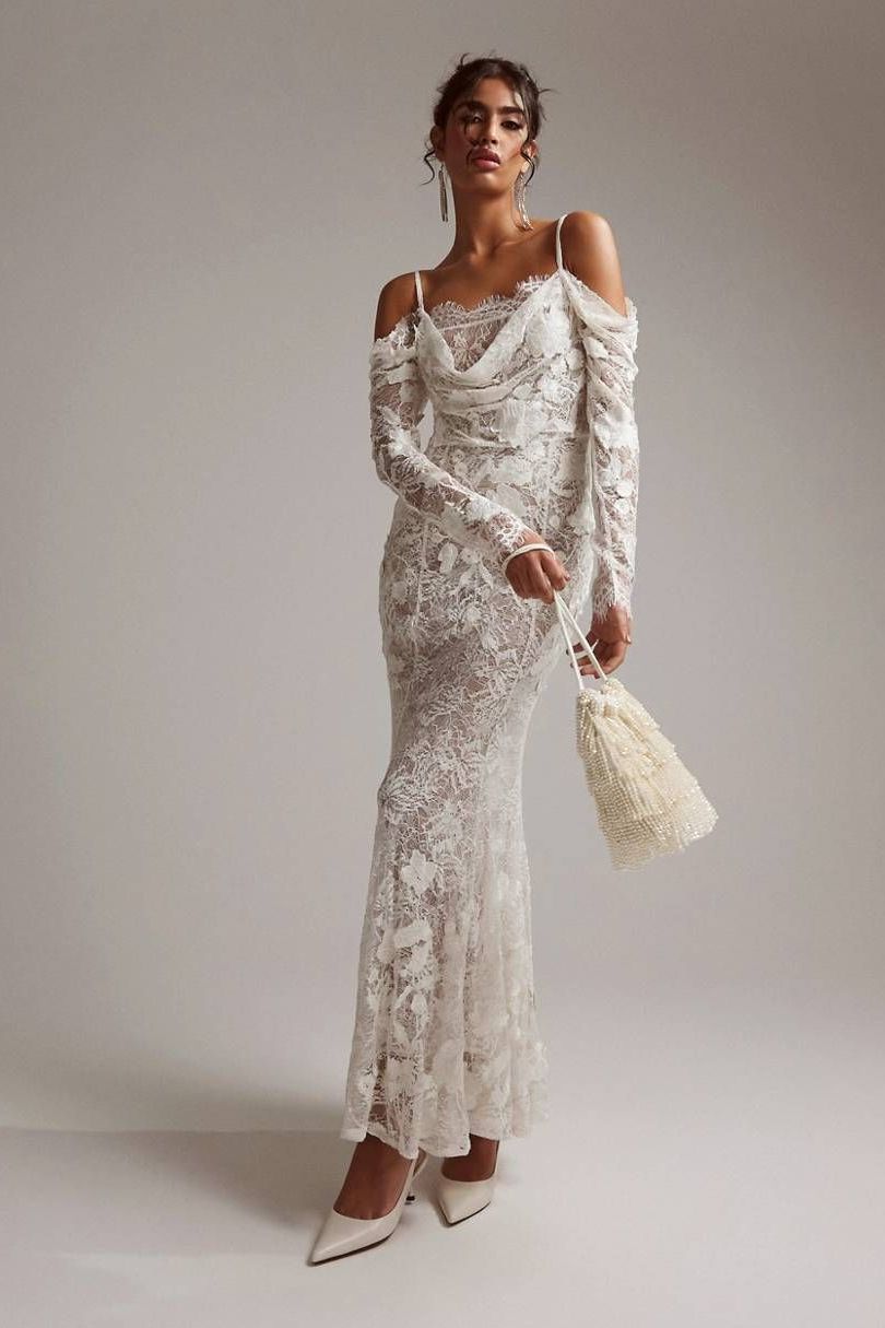 Statement applique lace fishtail maxi wedding dress in ivory