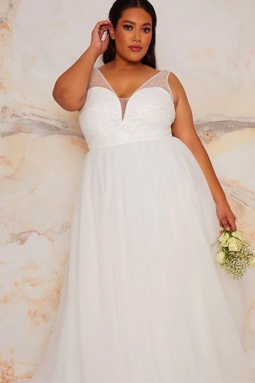 Plus Size Sequin Bodice Wedding Dress in White