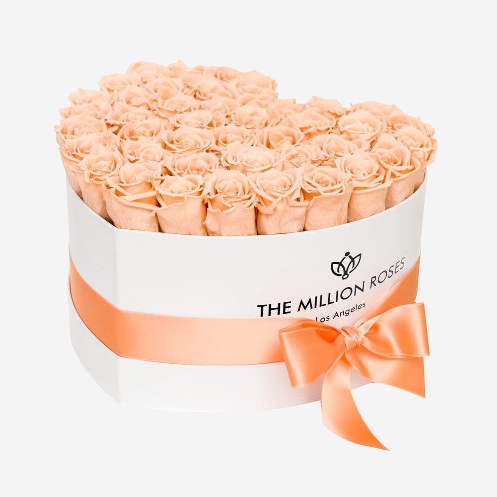 Peach Roses in Heart White Box