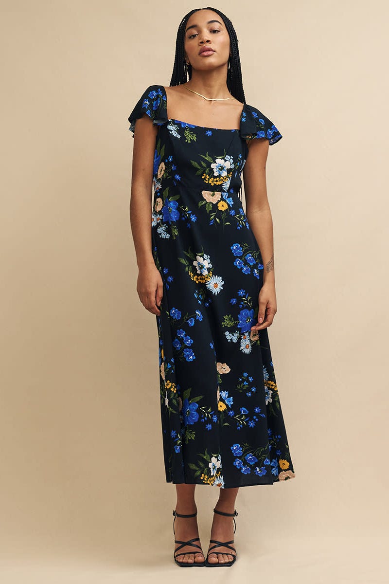 Black floral elsie midi dress