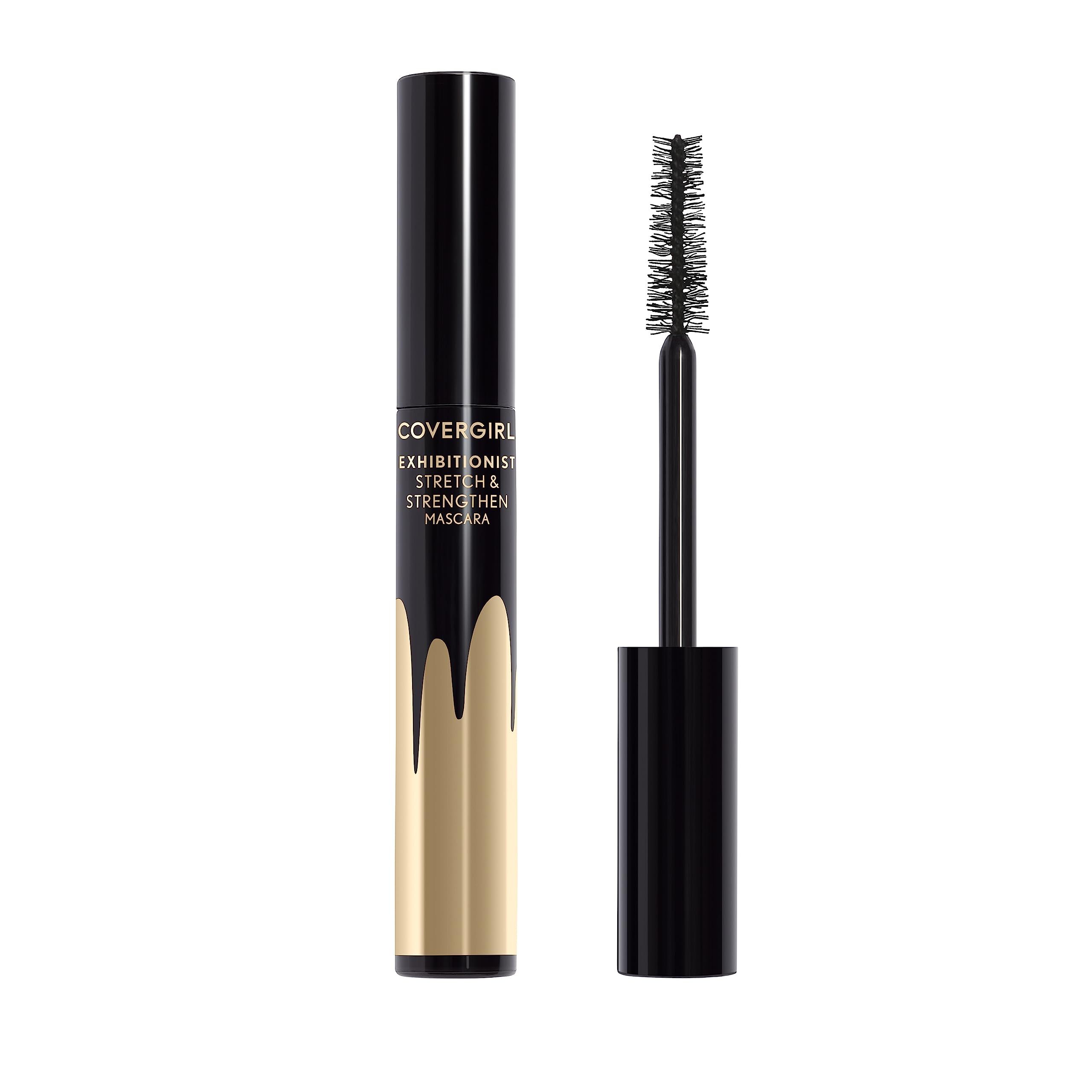 one of good housekeeping's picks for best mascaras for sensitive eyes, a gold and black tube and brush from covergirl exhibitionist stretch strengthen mascara on a white background