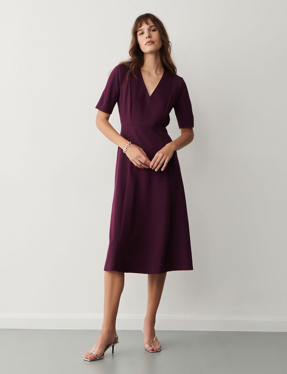 V-Neck Ponte Midi Waisted Dress