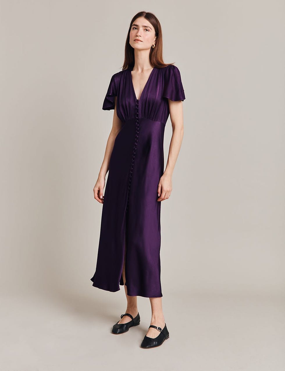 Satin V-Neck Midaxi Waisted Dress
