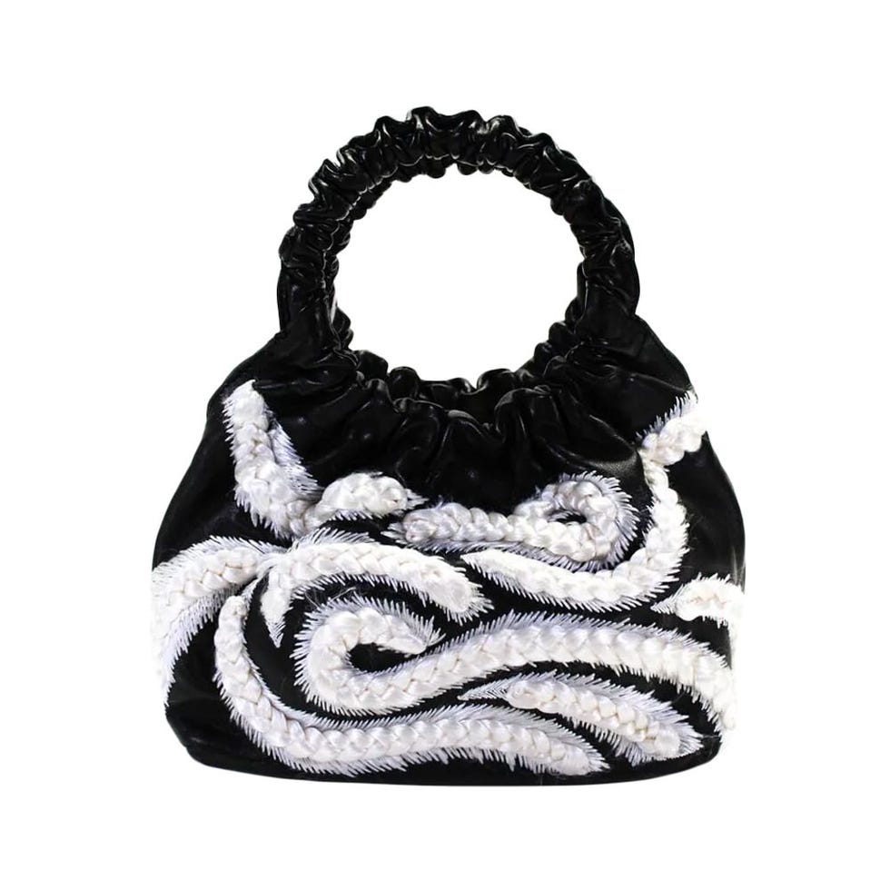 Womens Braided Small Double Circle Handbag Black White Leather