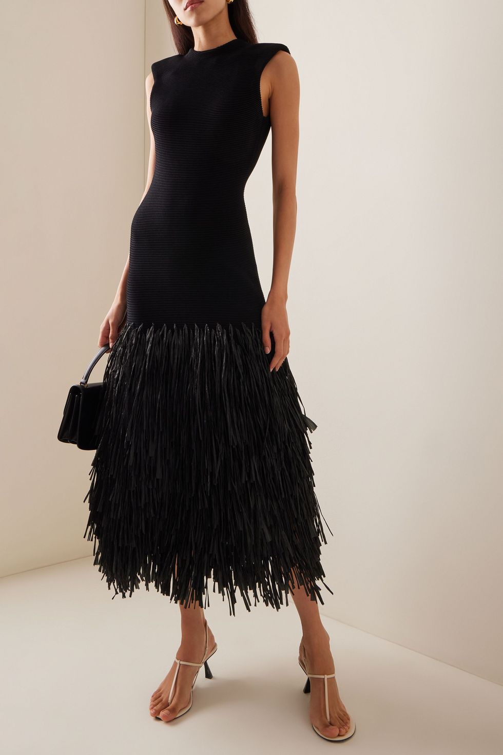 Exclusive Rushes Raffia-Trimmed Knit Midi Dress