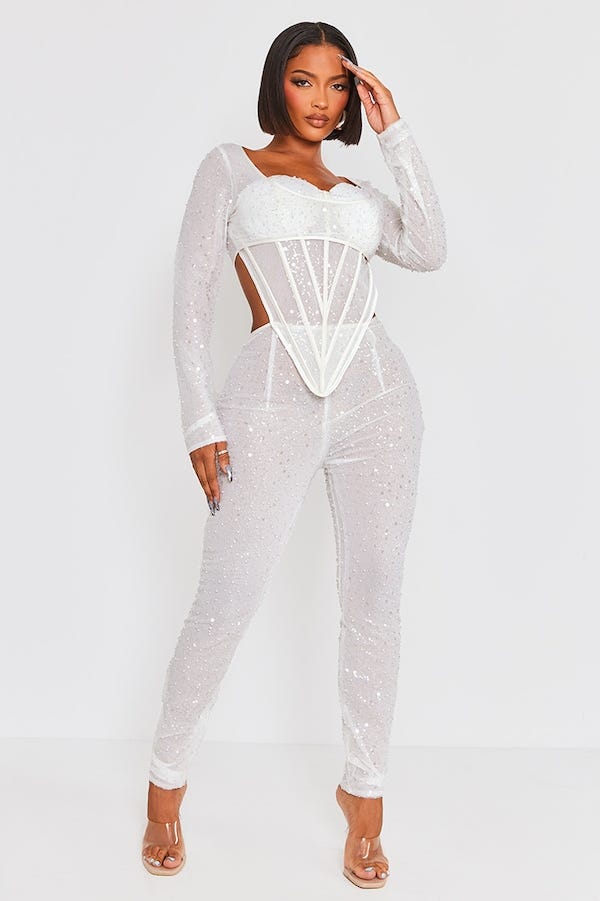 Shape White Sequin Mesh Corset Detail Jumpsuit Shape White Sequin Mesh Corset Detail Jumpsuit