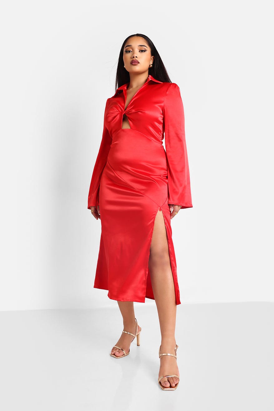 London Satin Flare Sleeve Midi A-Line Dress W. Slit London Satin Flare Sleeve Midi A-Line Dress W. Slit