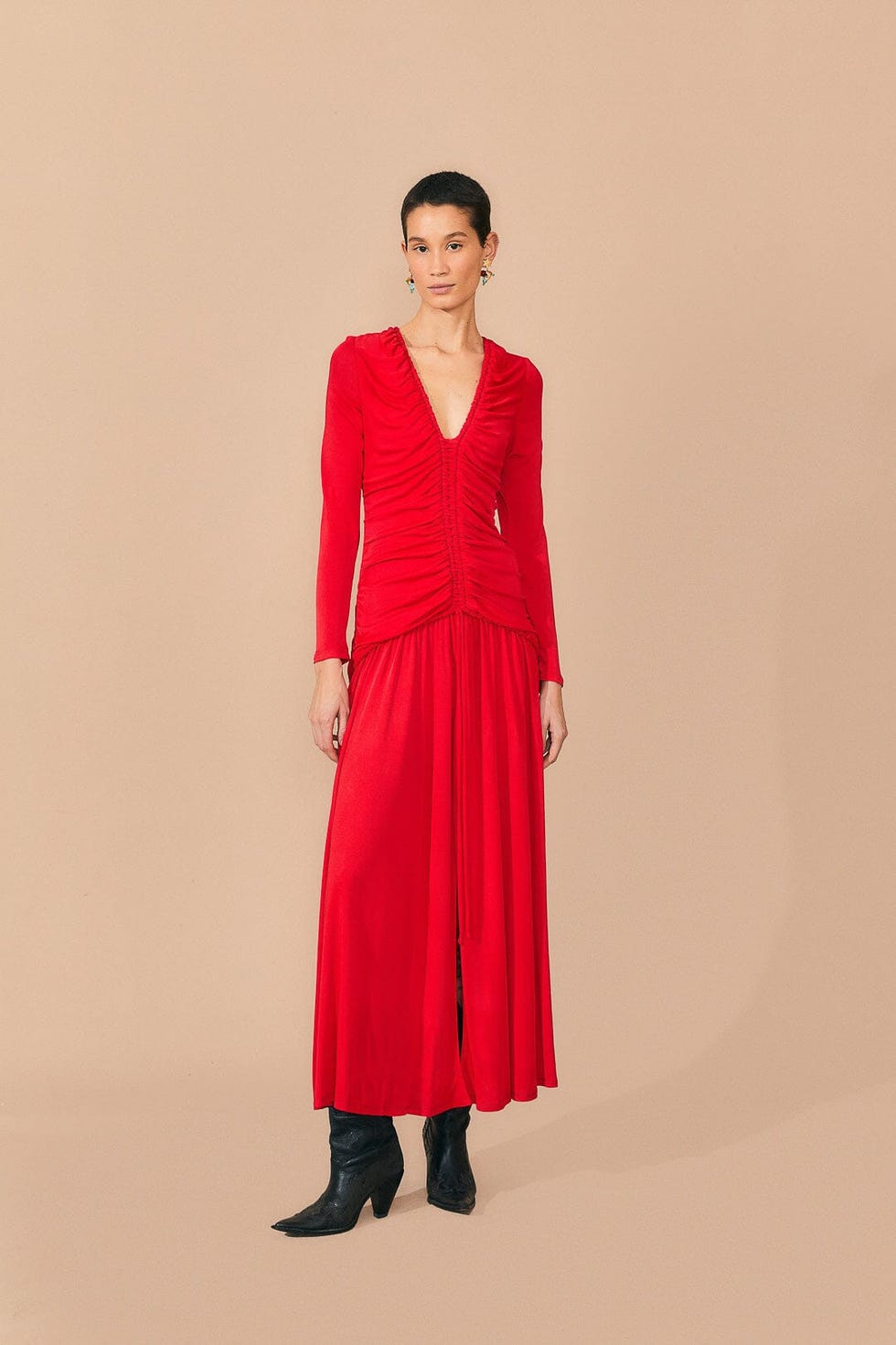 Red V Neckline Long Sleeve Midi Dress Red V Neckline Long Sleeve Midi Dress
