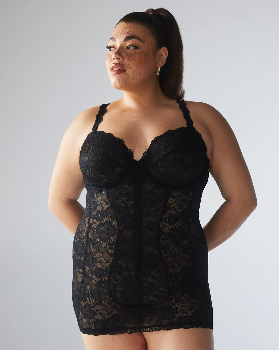 Plus Size Sheer Rose Motif Underwire Keyhole Overlay Teddy Lingerie