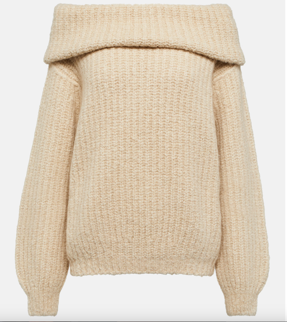  Ribbed-Knit Off-Shoulder Cashmere Sweater