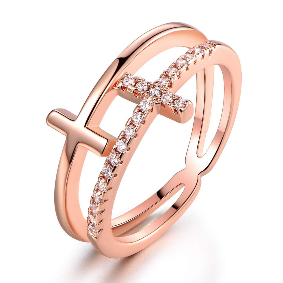 18k Rose Gold-Plated Cubic Zirconia Double Cross Ring