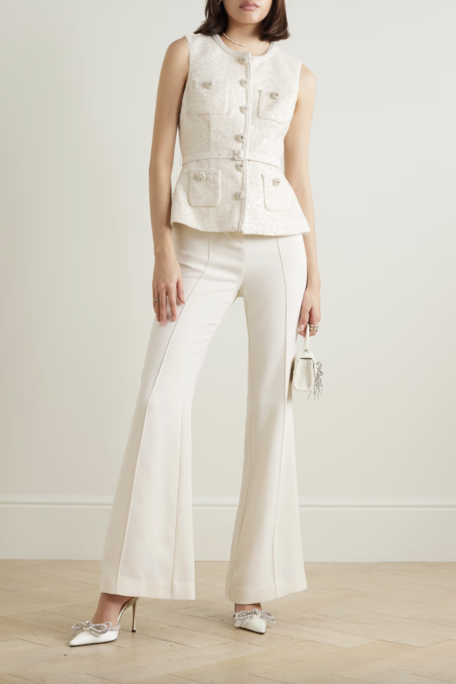 Convertible belted embellished metallic bouclé-tweed and crepe jumpsuit