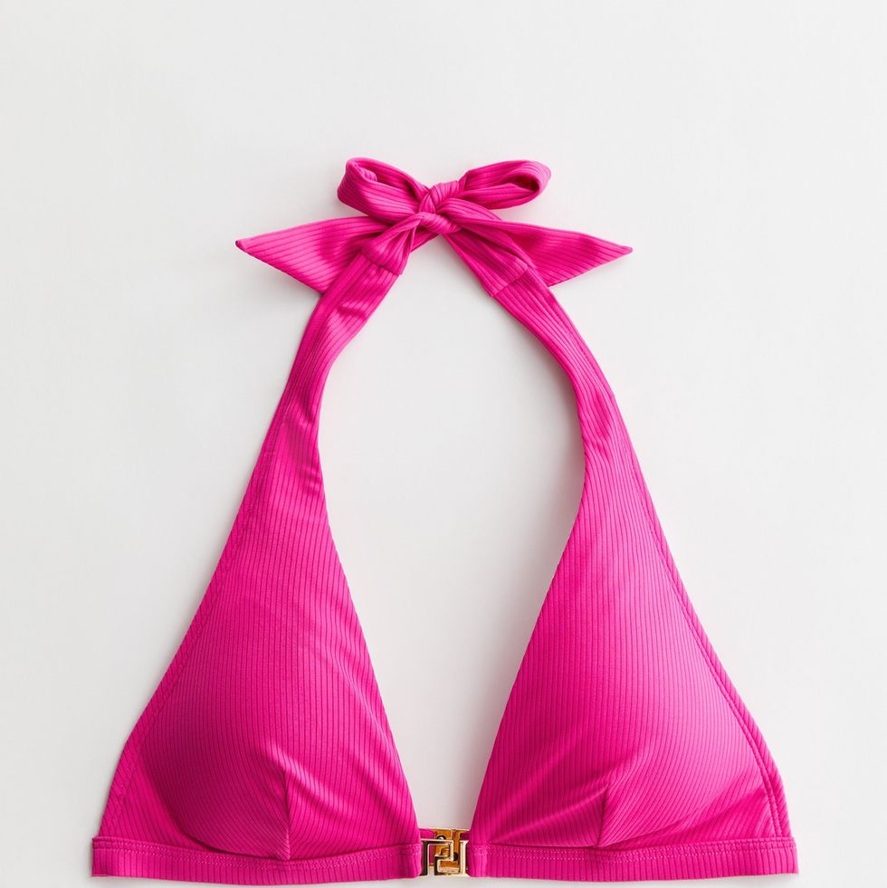 Top de bikini halter con monograma de canalé rosa