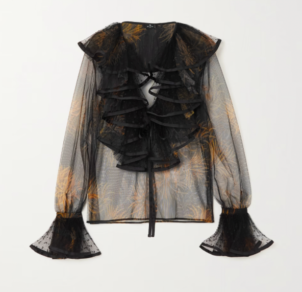 Ruffled satin-trimmed Swiss-dot and printed tulle blouse