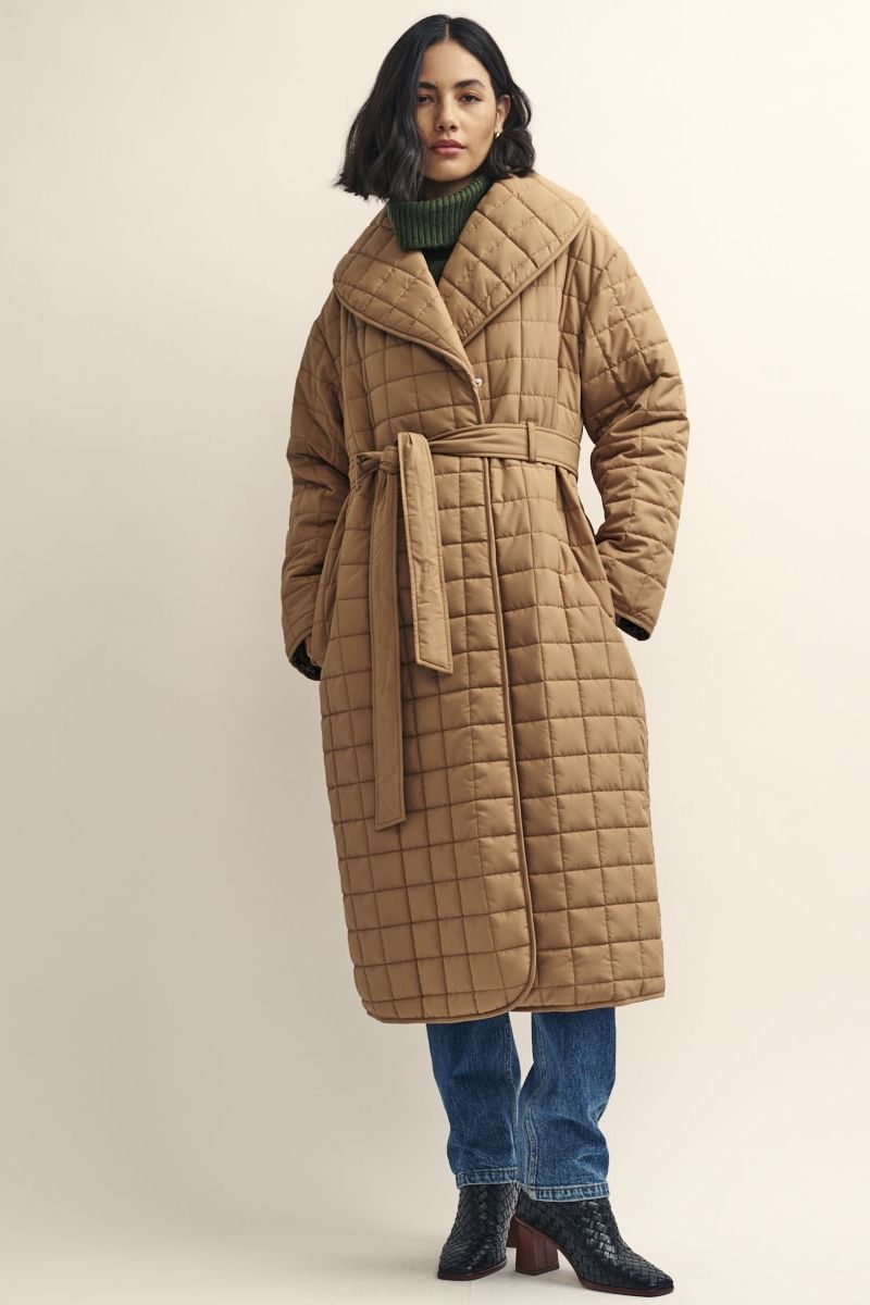 nobody's child camel quilted wrap coat