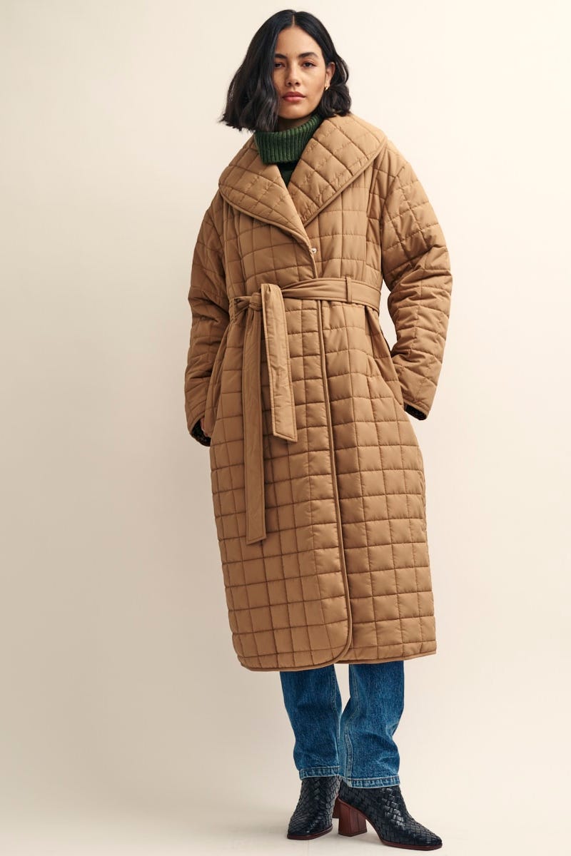 Camel Quilted Wrap Coat